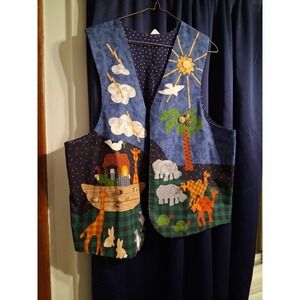 Vintage Quilted Handmade Reversible Vest‎ Noah's Ark 90s Bible M/L